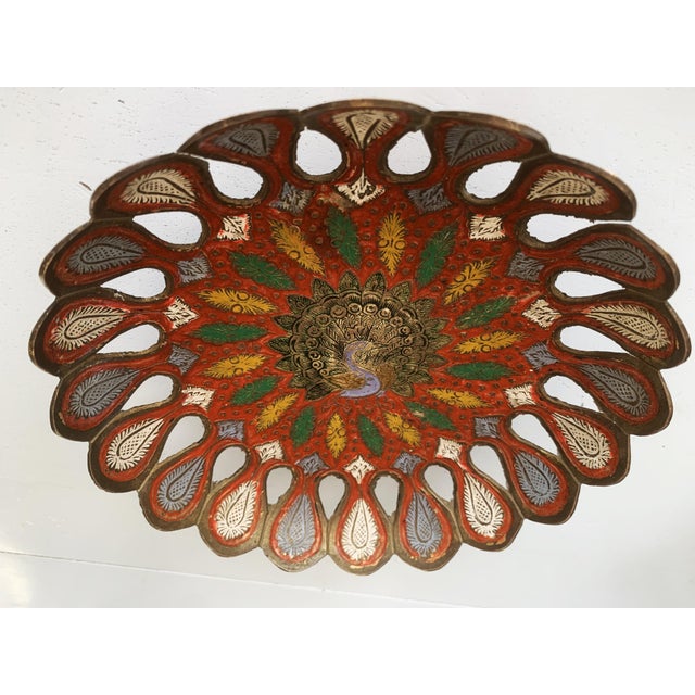Hand-Painted Brass Plate with Peacock, 1970s For Sale - Image 9 of 11