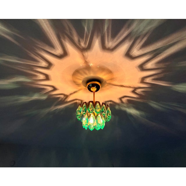 1960s Luxury Mini Brass Chandelier With Turquoise Crystal Drops, Starburst Shadow Ceiling Projection Light, Restored Antique Style Light Fixture For Sale - Image 18 of 18