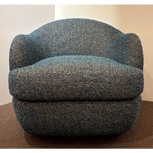 Original retail $7440, stylish Revelation Modern Teal and Tan Scoop Swivel Chair Pair, plinth bases, showroom floor samples