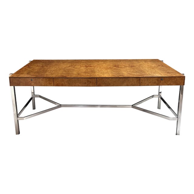 Jack Freidin for Pace Collection Chrome and Burl Veneer 4-Drawer Writing Desk For Sale