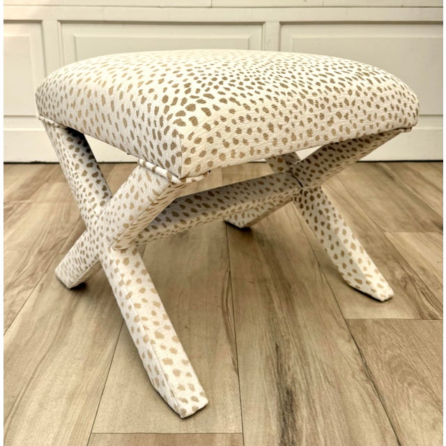Vintage X-Frame Stool in Cream & Tan Animal Print Upholstery For Sale - Image 10 of 10