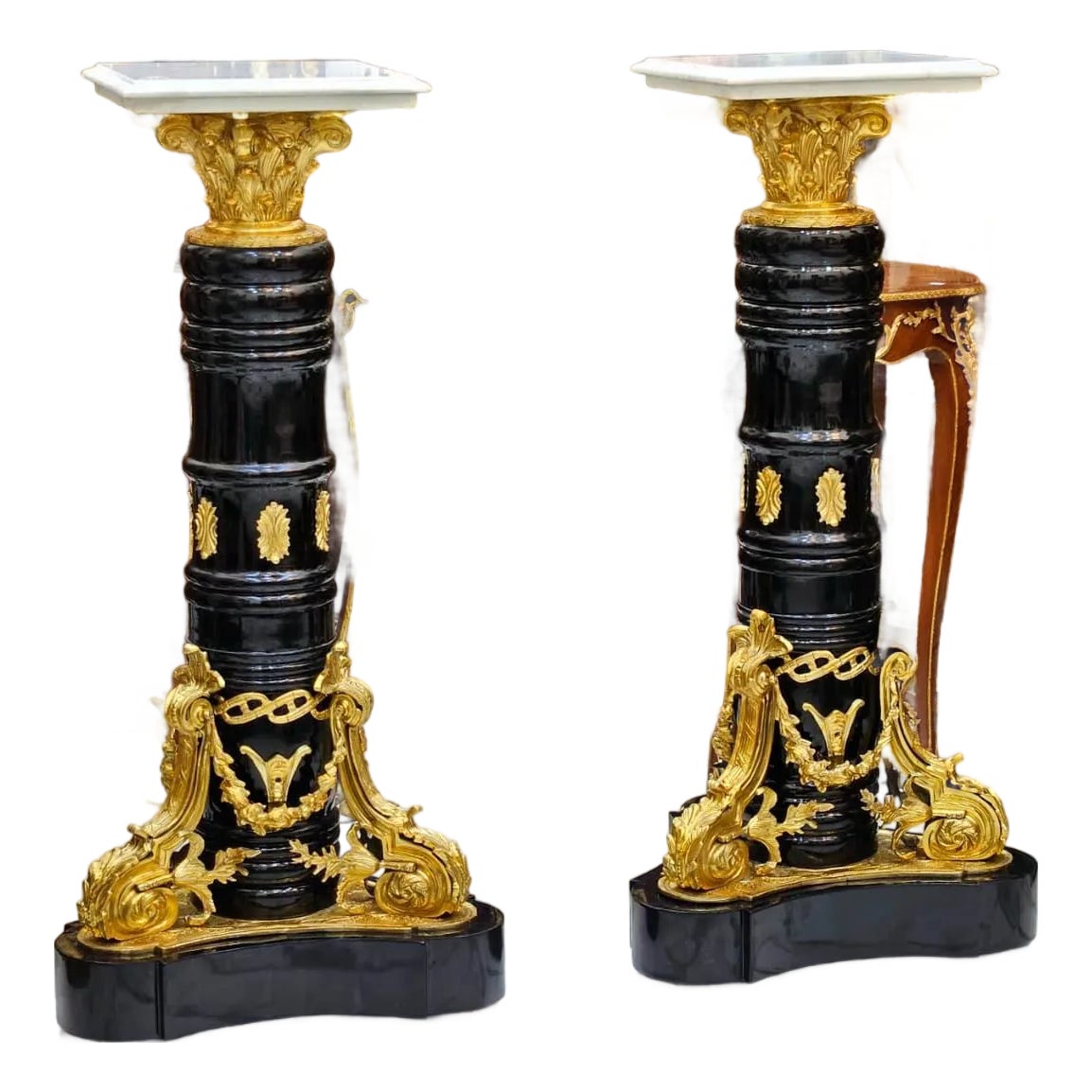 1980s Rococo Style Marble Topped Black Pedestal Set Column With Gold ...