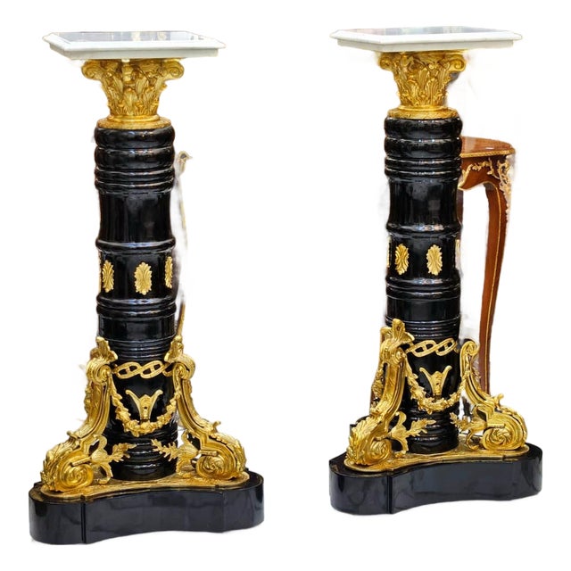 1980s Rococo Style Marble Topped Black Pedestal Set Column With Gold Leaf Details For Sale