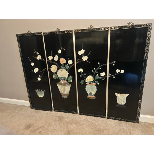 Black Vintage Mid-Century Chinese Black Lacquer & Soapstone Four Seasons Wall Panels - Set of 4 For Sale - Image 8 of 10