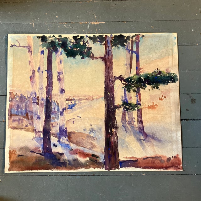 Paper 1970’s Vintage Modernist Tree Lined Landscape Watercolor Painting Signed For Sale - Image 7 of 7