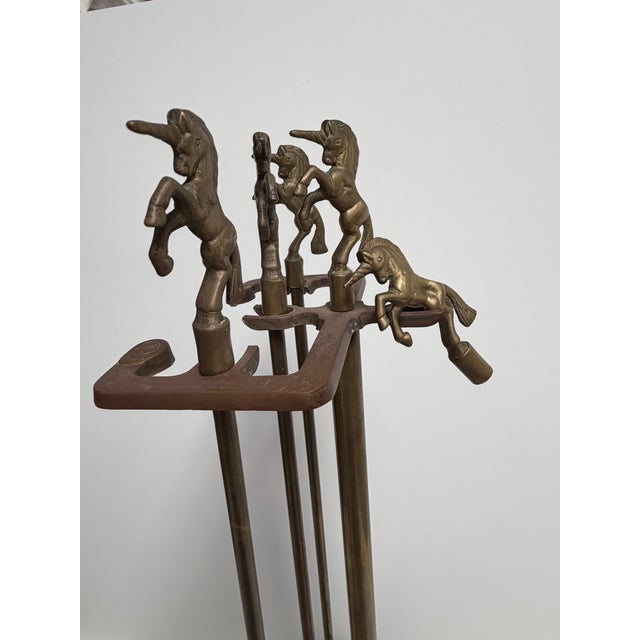 Vintage Brass Unicorn MCM Fireplace Tool Set 3-Pc + Extra Topper 31” For Sale - Image 9 of 11