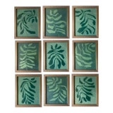 2026 Contemporary Set of Nine Abstract Fern Paintings on Cotton Paper Framed in Walnut Frames by Artist r.k. Red For Sale