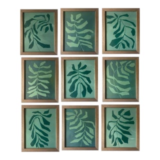 2026 Contemporary Set of Nine Abstract Fern Paintings on Cotton Paper Framed in Walnut Frames by Artist r.k. Red For Sale