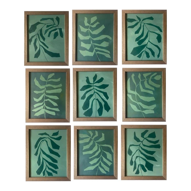 2026 Contemporary Set of Nine Abstract Fern Paintings on Paper Framed in Walnut Frames by Artist r.k. Red For Sale