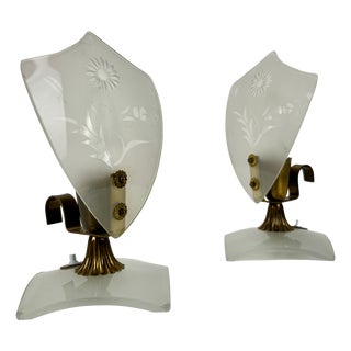 Small Italian Frosted Engraved Glass Bedside Lamps, 1940s, Set of 2 For Sale