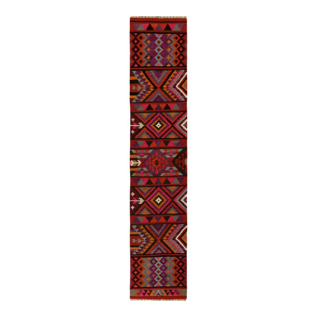 1950s Vintage Tribal Kilim Runner in Red, Multicolor Geometric Pattern For Sale