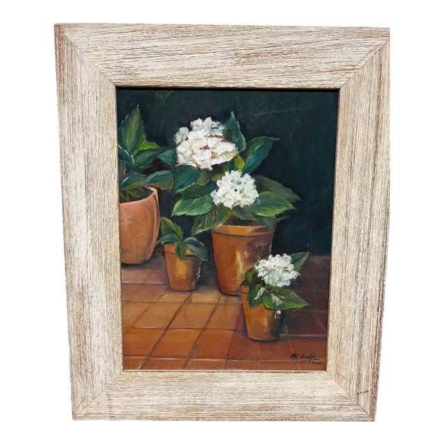 White Hydrangeas in Terracotta Pots (Original Oil, Likely, on Board) For Sale