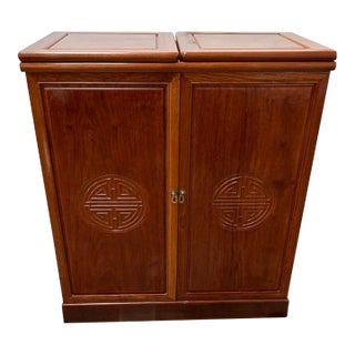 1970s Chinese Solid Rosewood Bar Unit Twin Fold-Over Flap Top Also Front, Side, and Back Carved Chinese Symbols For Sale