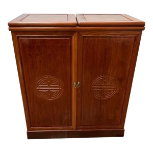 1970s Chinese Solid Rosewood Bar Unit Twin Fold-Over Flap Top Also Front, Side, and Back Carved Chinese Symbols