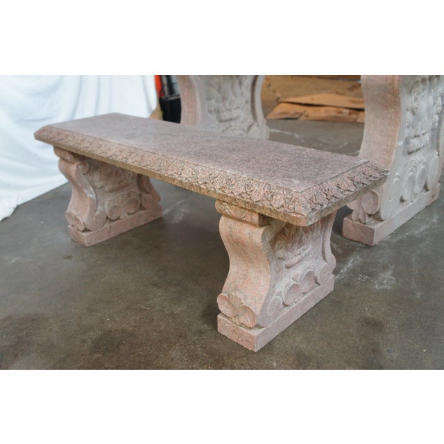 Stone Vintage Italian Granite Carved Stone Outdoor Picnic Dining Table & Benches 50" For Sale - Image 7 of 12