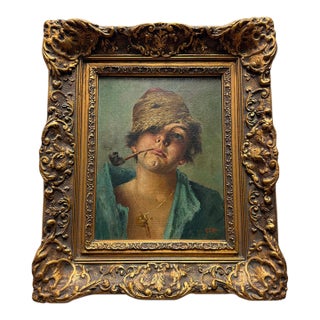 19th-Century Italian School Portrait of a Boy With Pipe by A. Cino in Grand Gilt Frame For Sale