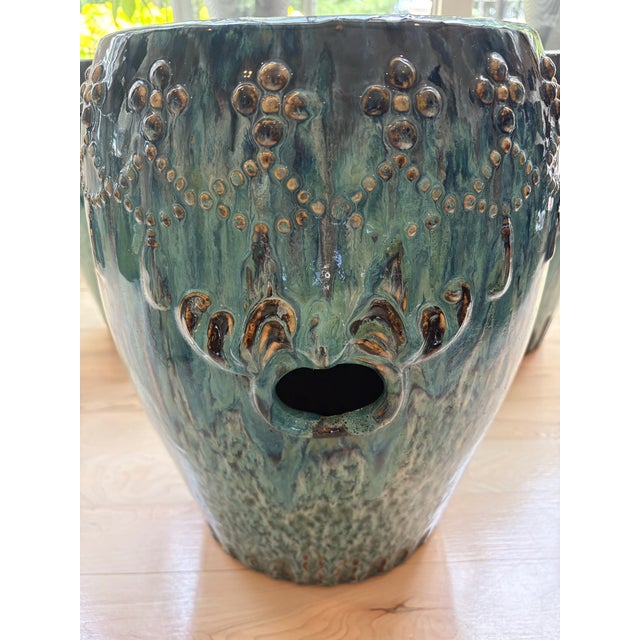Curated Designer Set of 3 Large Teal Drip-Glazed Chinese Ceramic Garden Stools With Raised Garland Motif For Sale - Image 10 of 12