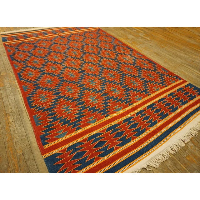 Indian 1930s Red Blue Diamond Tribal Antique Indian Cotton Dhurrie Carpet 6' X 9'7" Flatweave Cotton Rug For Sale - Image 3 of 13