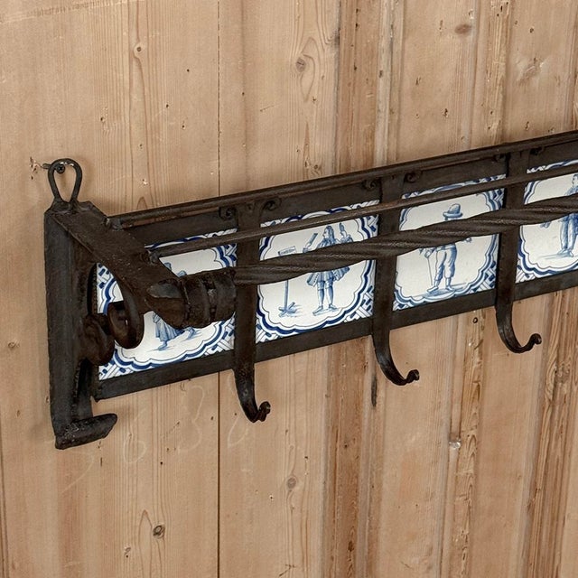Metal 19th Century Dutch Wrought Iron Coat Rack With Delft Tiles For Sale - Image 7 of 18