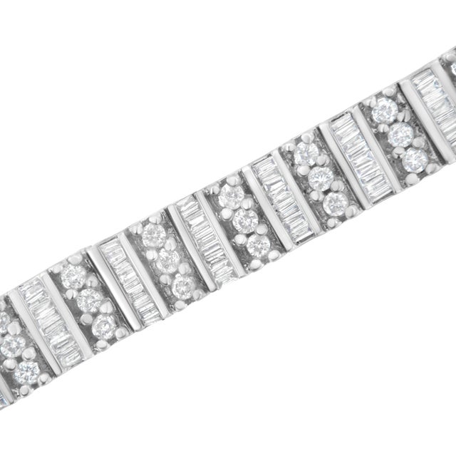 Contemporary 14K White Gold 4 7/8 cttw Baguette & Round Brilliant-Cut Diamond Channel- & Prong-Set Tennis Bracelet (I-J Color, I1-I2 Clarity) - Size 7.25" For Sale - Image 3 of 6