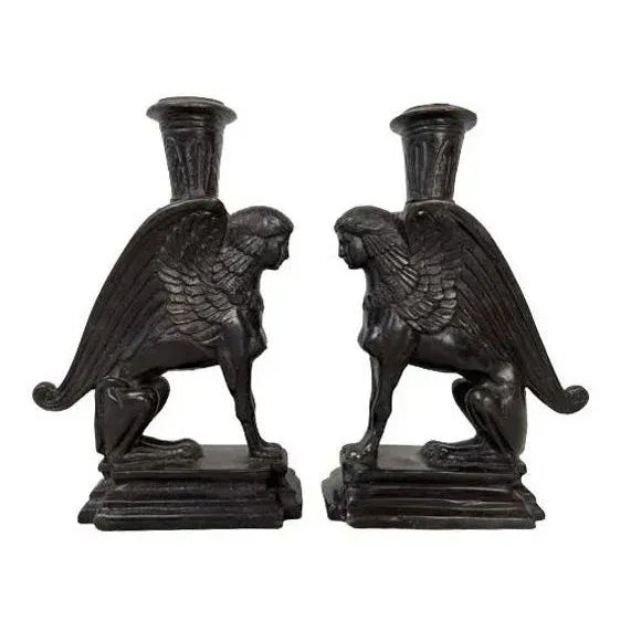 Art Deco Pair of Art-Deco Iron Sphinx Candleholders For Sale - Image 3 of 4