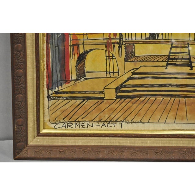 Paint Vintage "Carmen Act I" New York City Opera Watercolor Framed Painting, Signed For Sale - Image 7 of 12