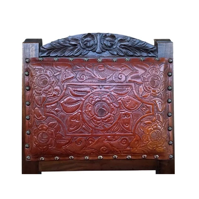 On Hold - Vintage 1966 Spanish Hand Carved Walnut and Tooled Leather Chair For Sale - Image 6 of 13