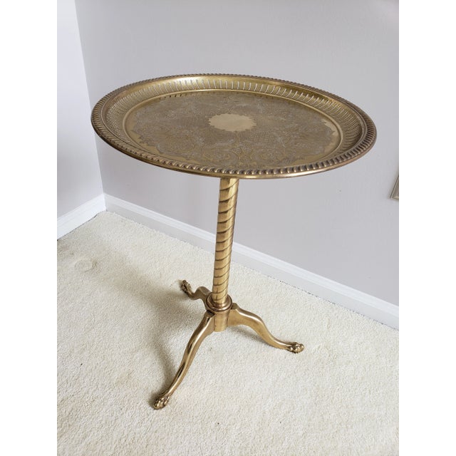 1970s Vintage Brass Pedestal Side Table With Florentine Engraving and