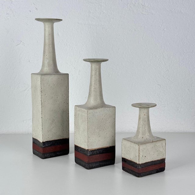 A rare and beautifully preserved trio of ceramic monofiore vases by acclaimed Italian ceramist Bruno Gambone, likely...