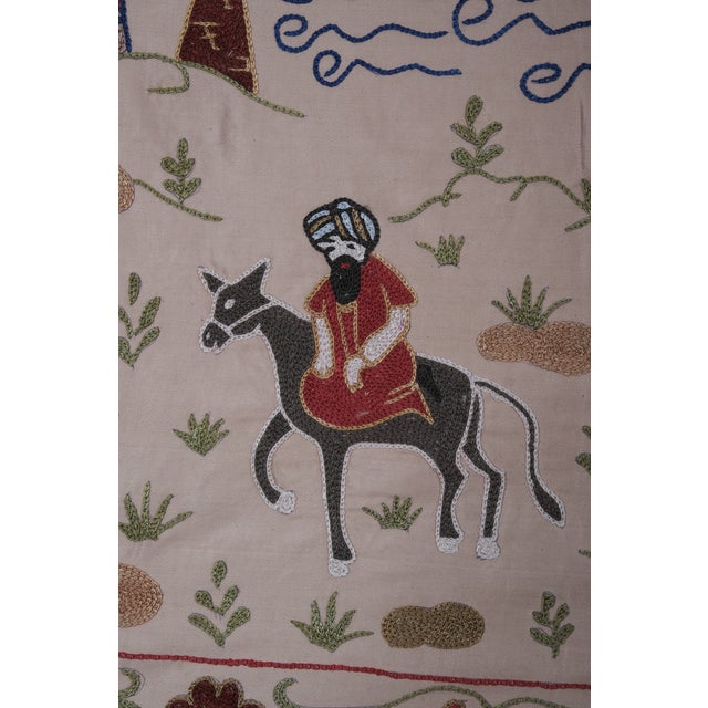 Textile Animal Pictorial Silk on Silk Suzani Wall Hanging Decor 1'8'' X 6'3'' For Sale - Image 7 of 10