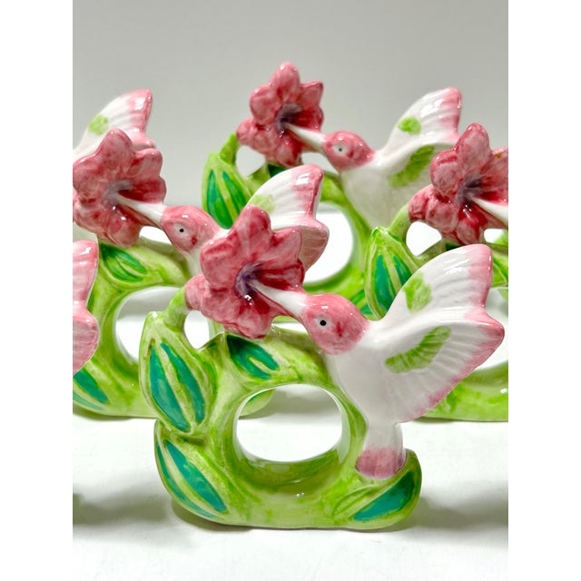 Vintage Spring Hummingbird Napkin Rings – Hand Painted Ceramic Botanical Table Decor, Garden Party Table Setting – Set of 8 For Sale - Image 4 of 10