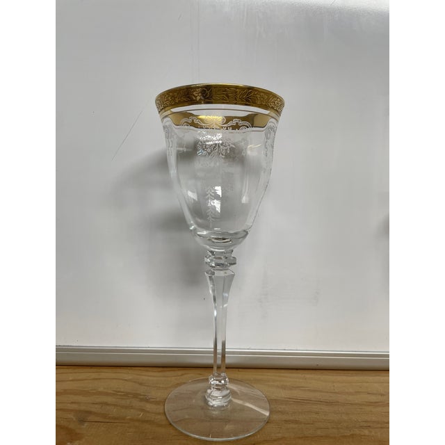 Vintage Gold-Encrusted Etched Crystal Stemware, Three-Piece Place Setting: Water Goblet, Wine Goblet, and Cordial Glass. For Sale - Image 4 of 5