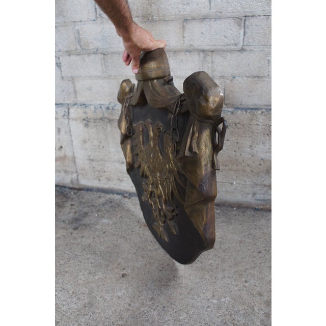 Antique 1925 Erik Cohrt Bronze Double Eagle Wall Plaque Medieval Shield Crest For Sale - Image 9 of 10