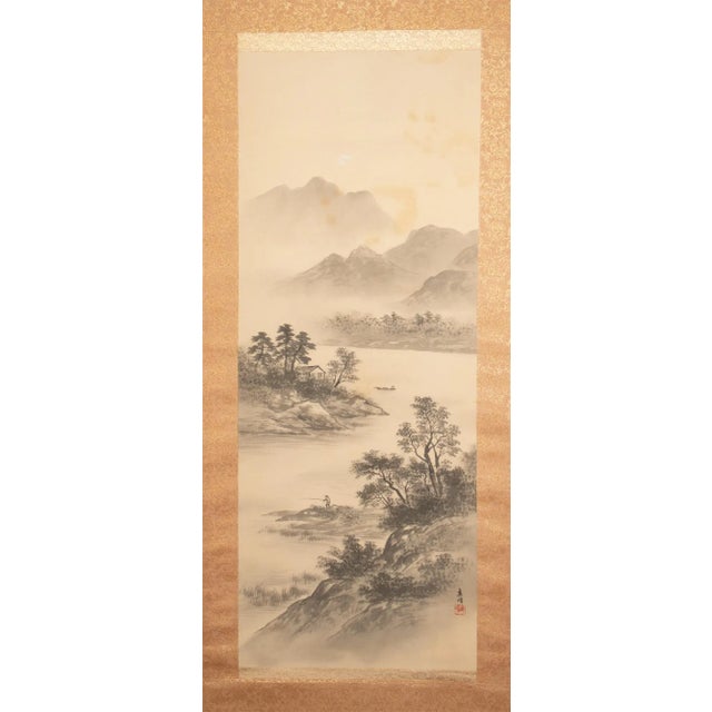 Fine large Japanese Showa Era scroll painting depicting Landscape with River, trees, house, boat, fisherman and mountains....