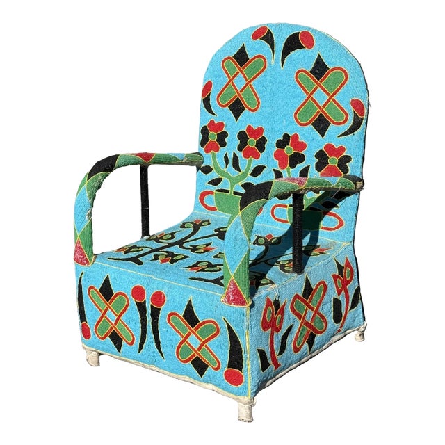 African Yoruba Royal Hand Beaded Tribal Arm Chair With Floral Motif For Sale