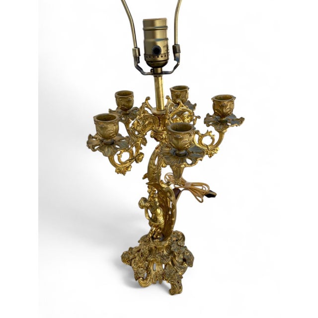 Early 20th Century French Louis XV La Belle Époque Ormolu Five Arm Candelabra Table Lamps - a Pair For Sale - Image 4 of 11