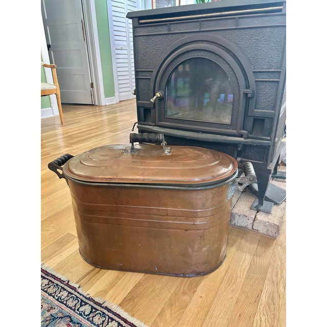 Farmhouse Antique Early 1900’s Large Copper Laundry Wash Boiler With Lid & Wood Handles For Sale - Image 3 of 12