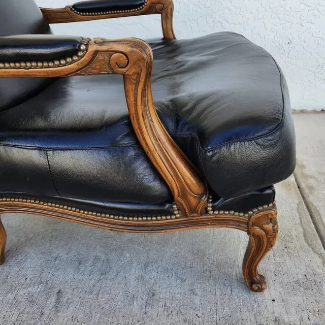 Chateau Dax French Provincial Black Top Grain Leather Lounge Chair & Ottoman For Sale - Image 9 of 10