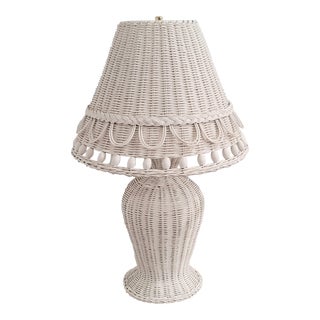 Vintage White Wicker Table Lamp & Original Shade For Sale