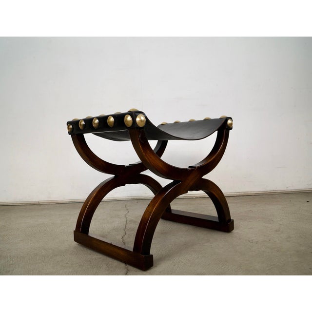 Mid-Century Modern 1960’s Hollywood Regency Leather & Brass Sling Stool For Sale - Image 3 of 12
