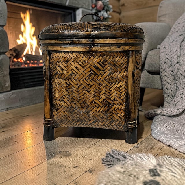 Wood Vintage Bamboo and Woven Rattan Storage Basket For Sale - Image 7 of 8