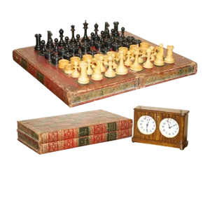 Victorian Faux Book Chessboard Staunton Pieces & Hardwood Clock from Jaques London, 1880s, Set of 33