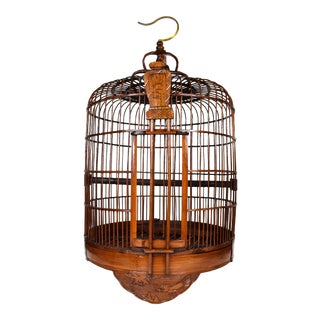 Antique Asian Handmade Bamboo Wood Birdcage With Brass Hook Cage For Sale