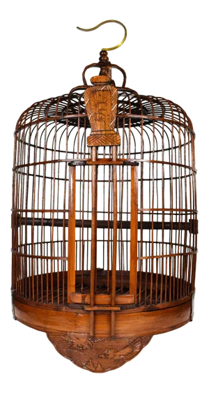 Antique Asian Handmade Bamboo Wood Birdcage With Brass Hook Cage