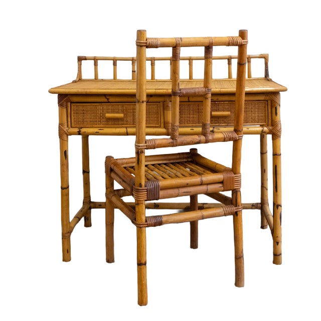 Bamboo and Rattan Desk with Chair, 1970s, Set of 2 For Sale