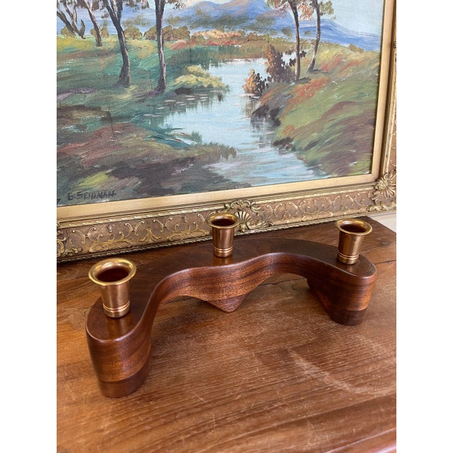 Vintage Mid-Century Modern Wood and Brass Toned 3-Light Decorative Candle Holder For Sale - Image 4 of 10