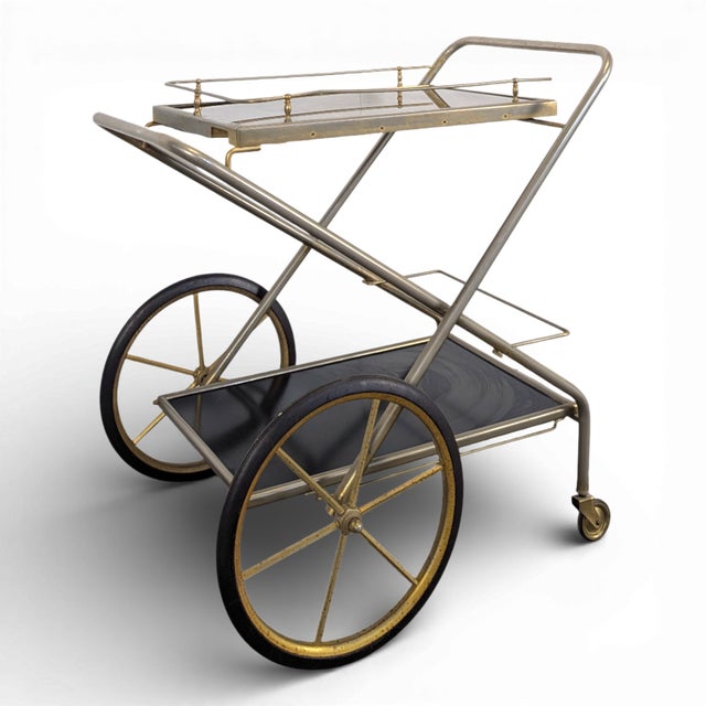 Brown Rolling Brass Serving Cart, 1970s For Sale - Image 8 of 8