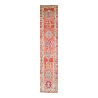 1970s Vintage Turkish Hand-Knotted Wool Cotton Pink Runner Rug For Sale