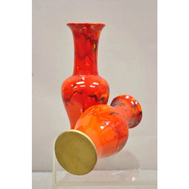 Vintage Red Lava Drip Glazed Mid Century Modern Ceramic Pottery Vessel Vase Pair For Sale - Image 10 of 11