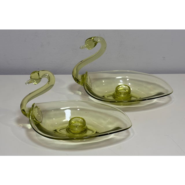 Vintage Duncan & Miller Swan Candle Holder Pair Chartreuse 8" L Art Glass 1940s For Sale - Image 4 of 8